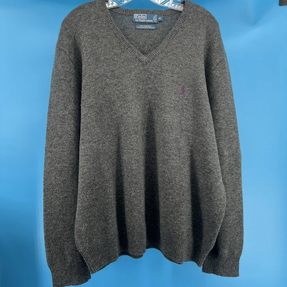 Vintage Polo Ralph Lauren 100% Lambs Wool V Neck Sweater‎ Men's XL Purple Pony